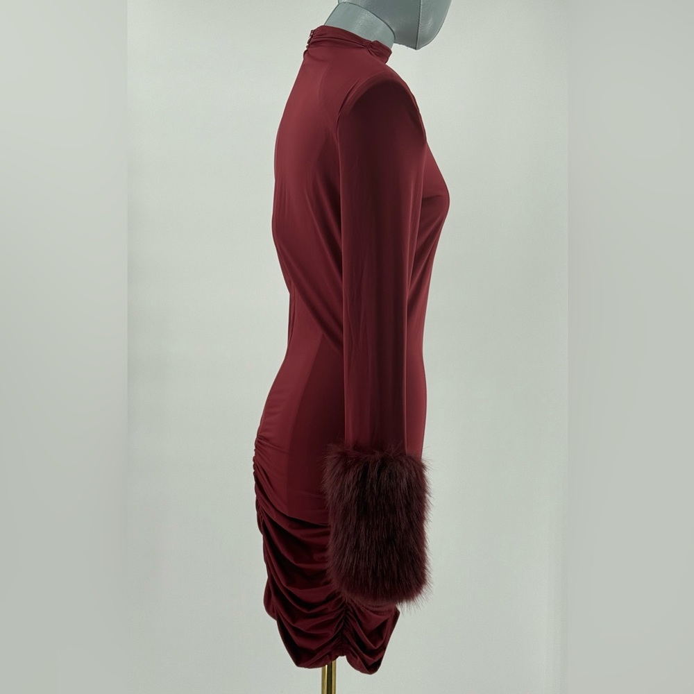 🆕 BRONX & BANCO 🧿 NWOT Eleanor Burgundy Fur Trimmed Mini Dress, Sz L US 8 - Picture 7 of 17